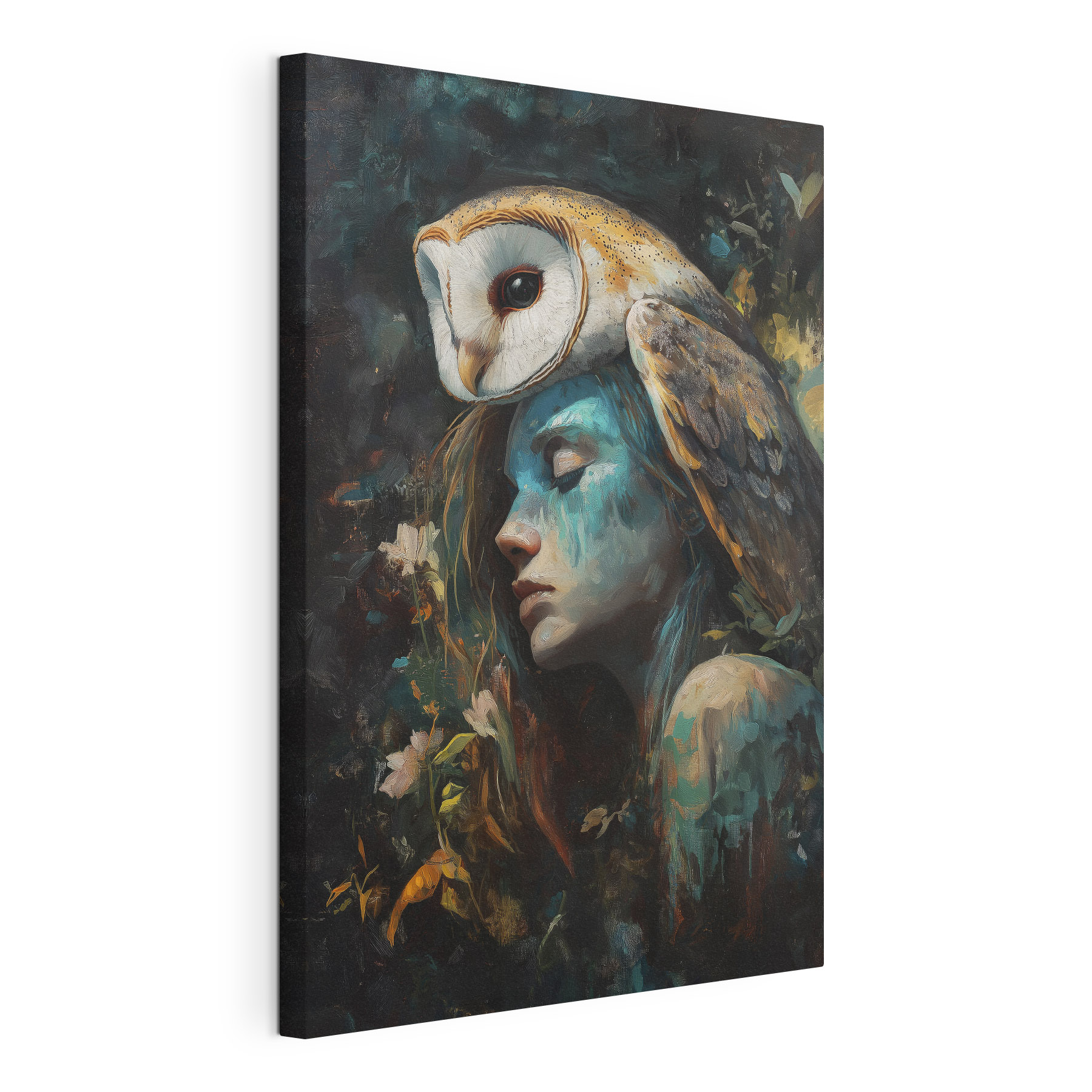 Painting of a woman with an owl on her head Painting of a woman with an owl on her head