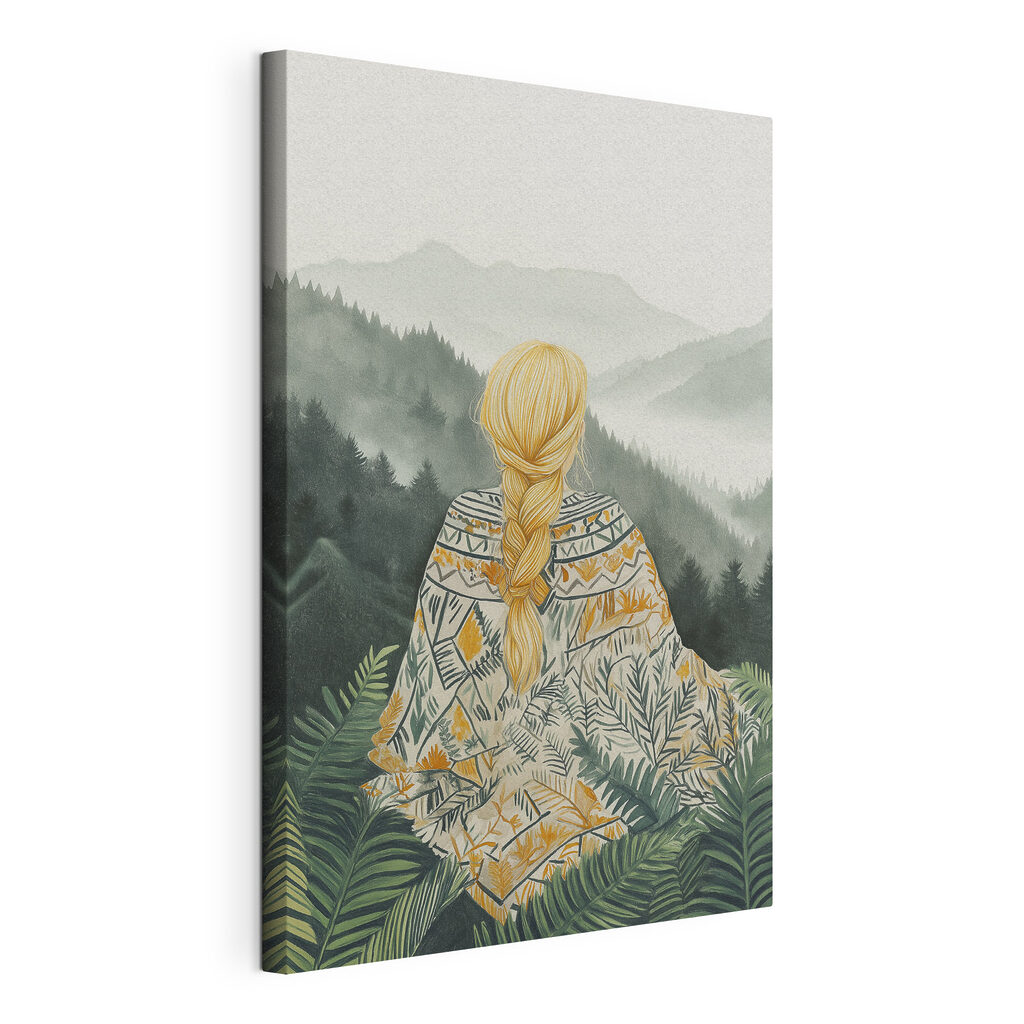 Woman sitting in a forest looking at mountains Woman sitting in a forest looking at mountains