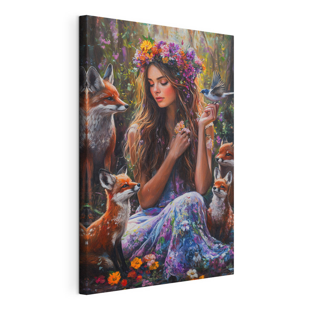 Painting of a woman holding flowers and birds Painting of a woman holding flowers and birds