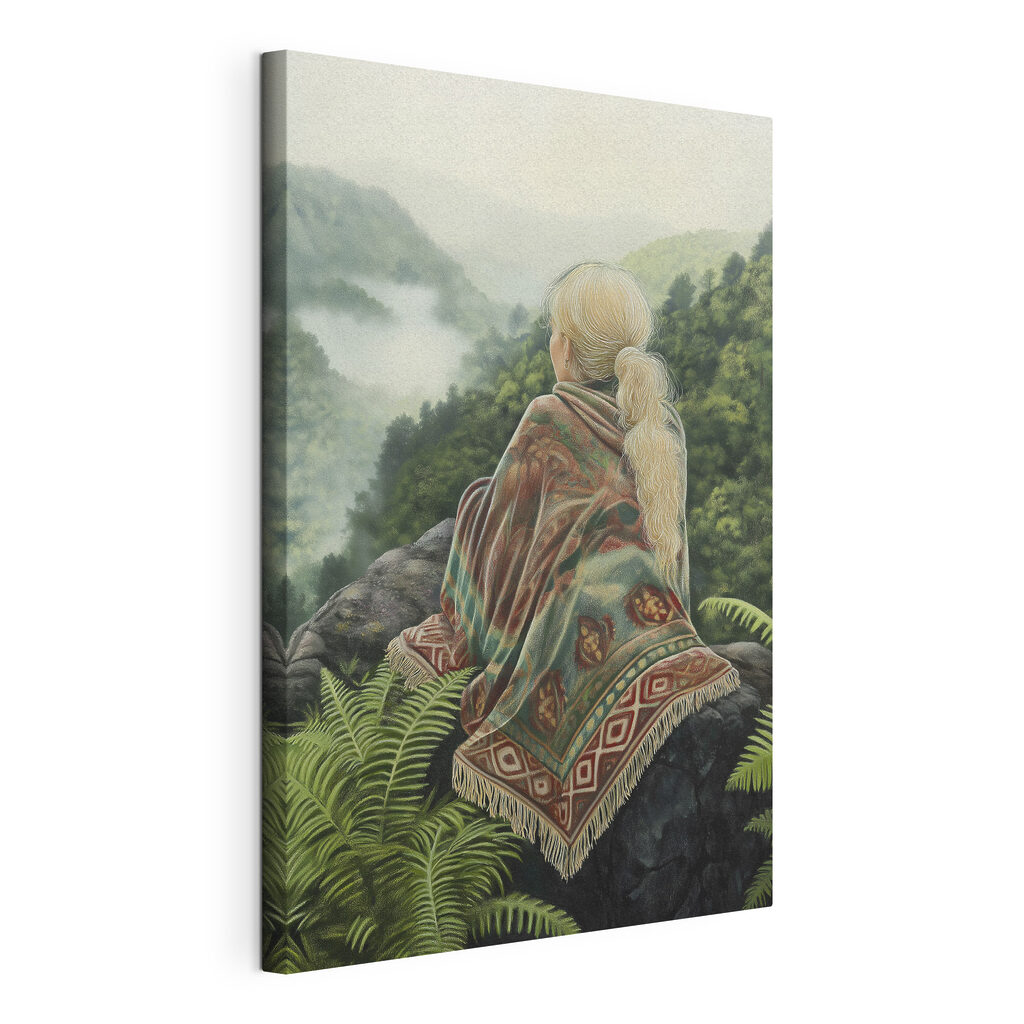 Woman sitting on a rock looking at a foggy valley