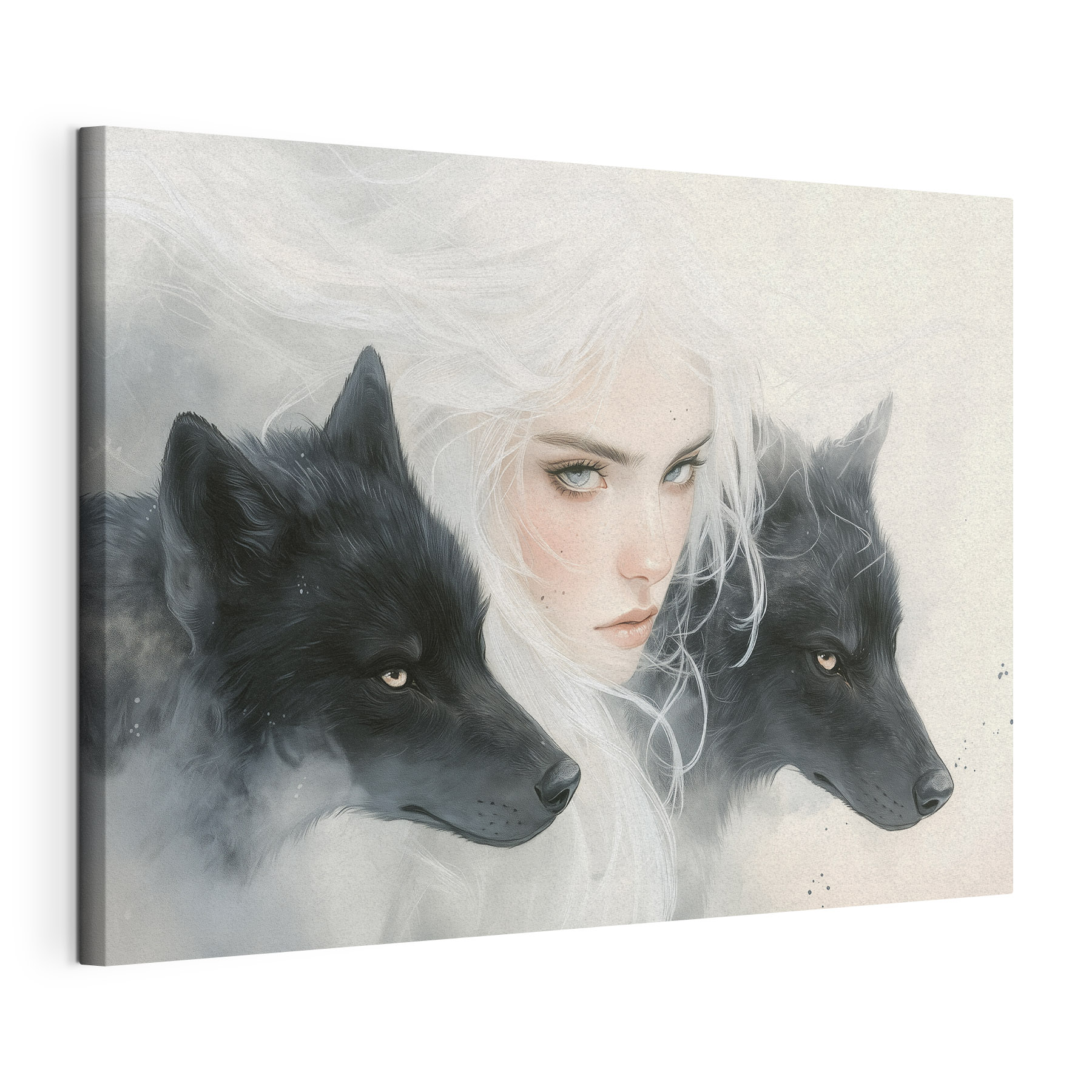Woman with white hair and two wolves Woman with white hair and two wolves