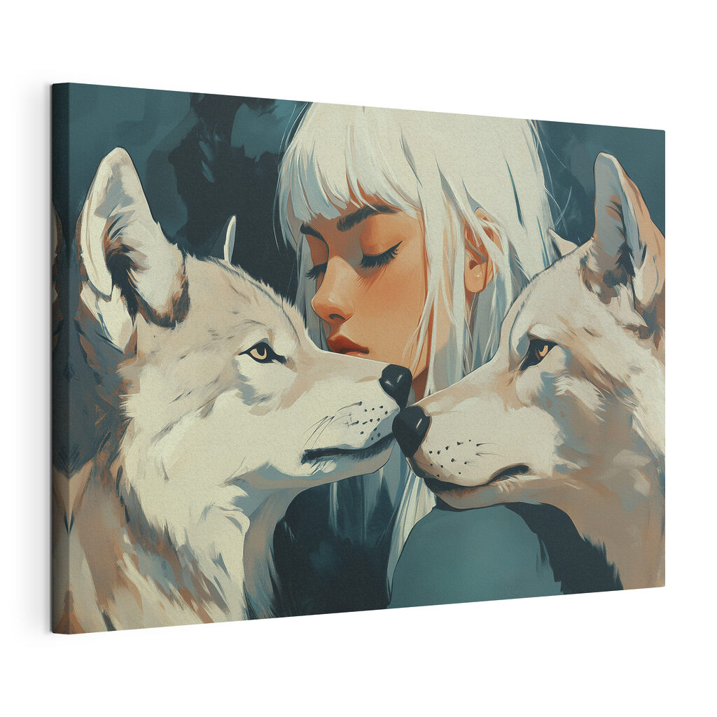 Woman with white hair and two wolves Woman with white hair and two wolves