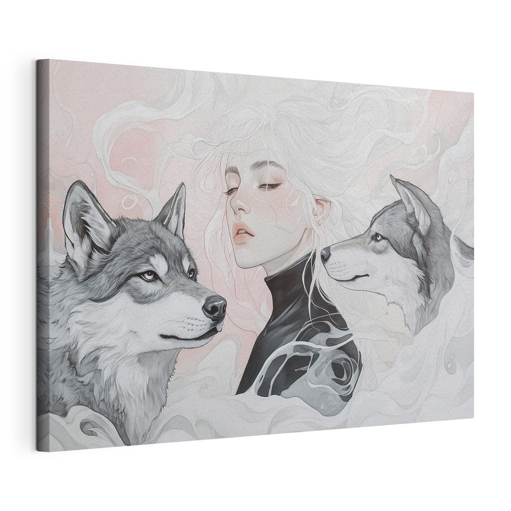 Woman with white hair and two wolves Woman with white hair and two wolves