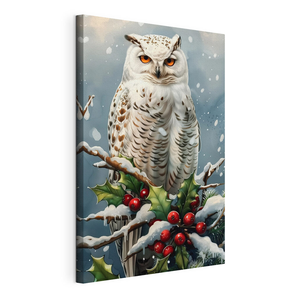 White owl sitting on a branch with snow and berries