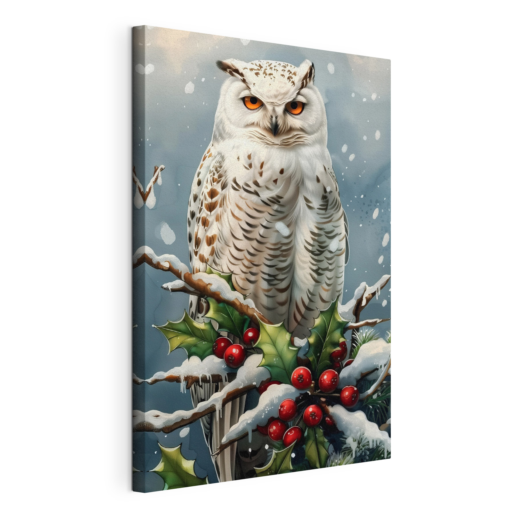 White owl sitting on a branch with snow and berries