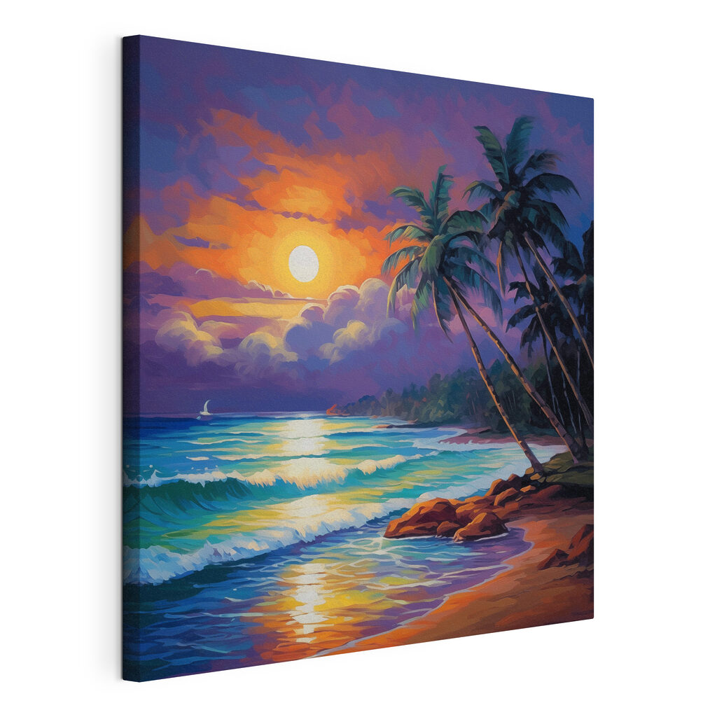 Painting of a beach with palm trees and waves Painting of a beach with palm trees and waves