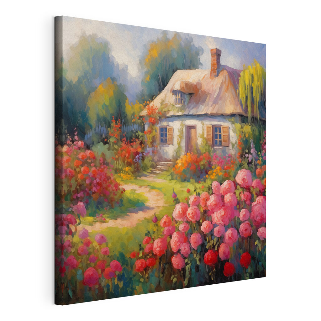 Painting of a house with flowers Painting of a house with flowers