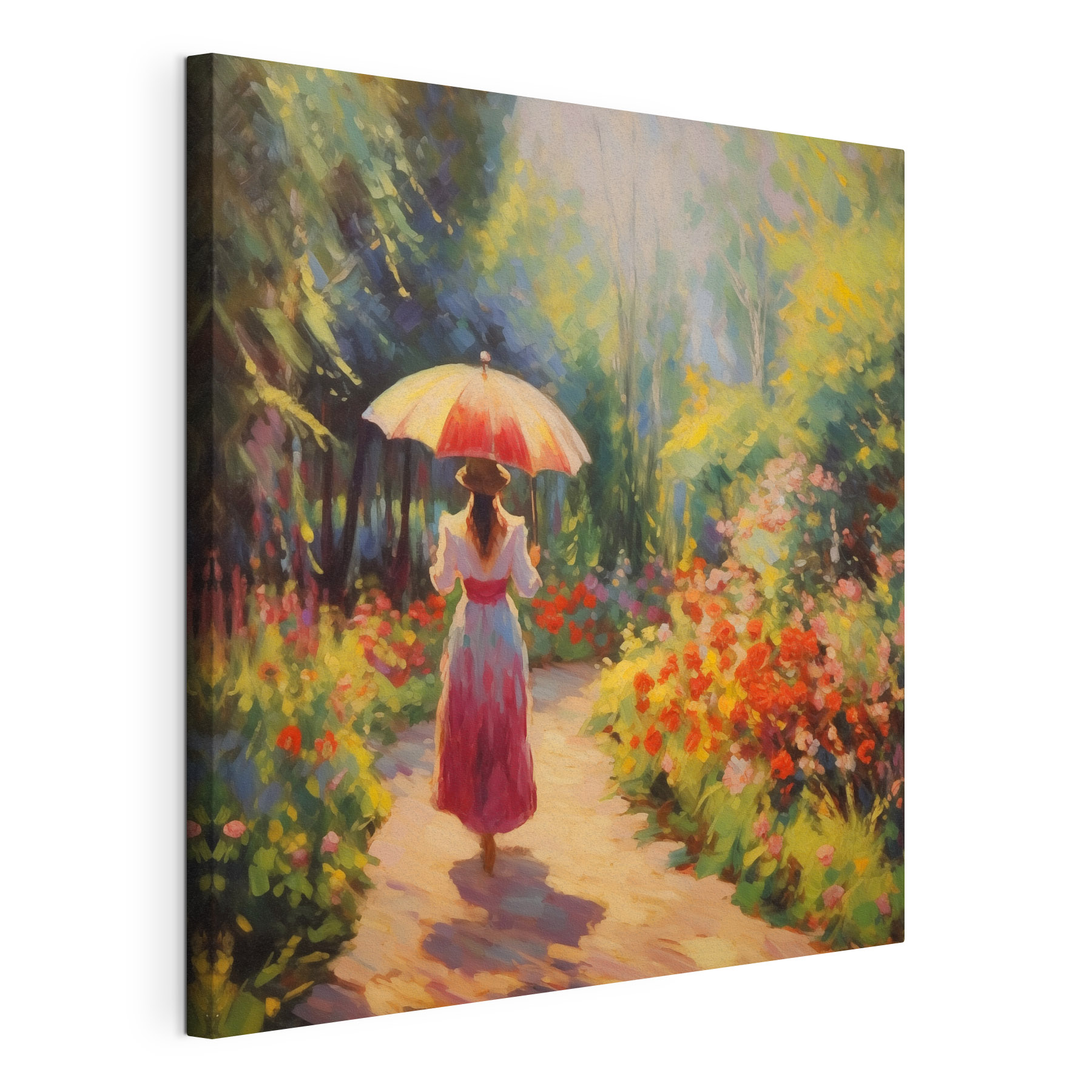 Woman walking down a path with a large umbrella