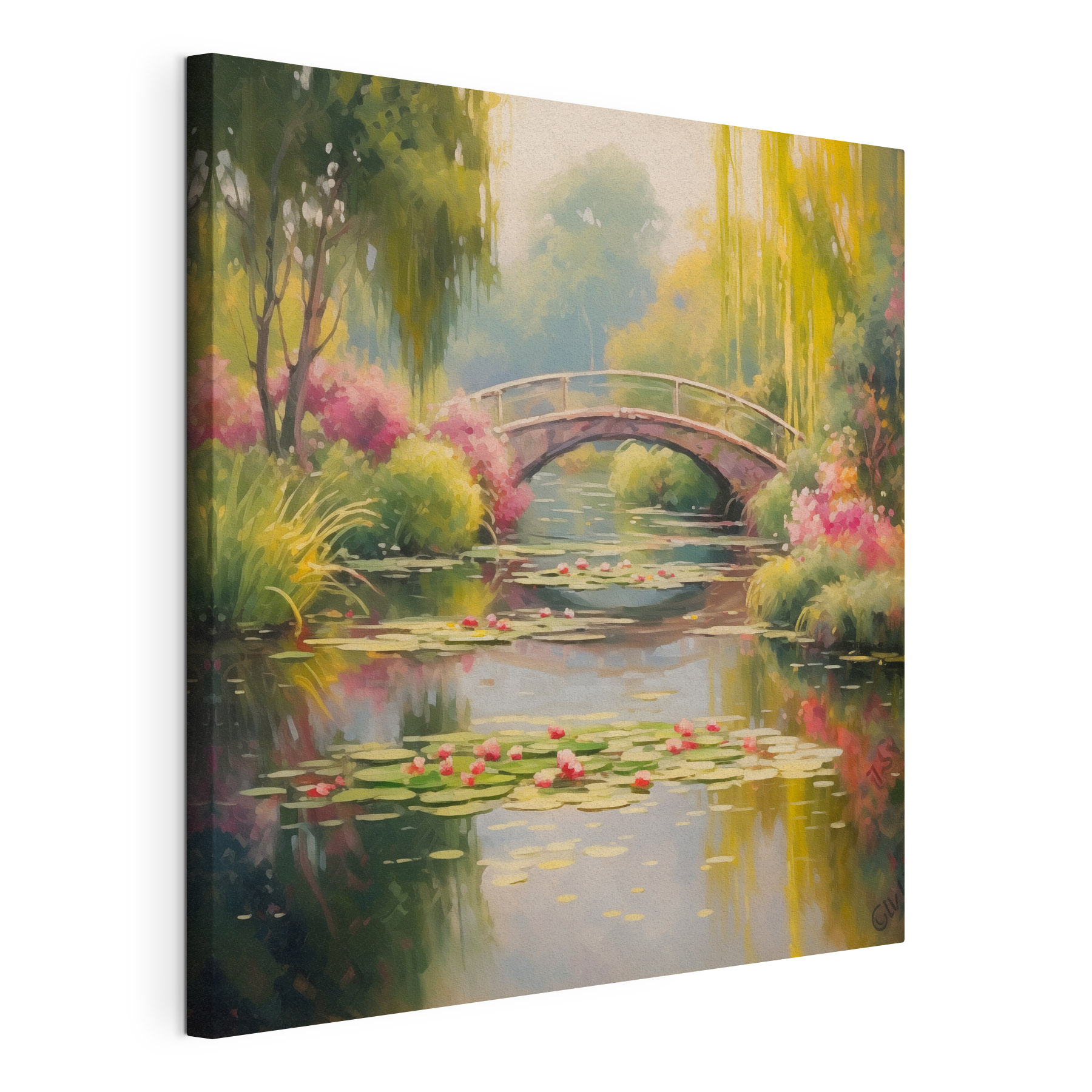 Bridge over a pond with lily pads and flowers