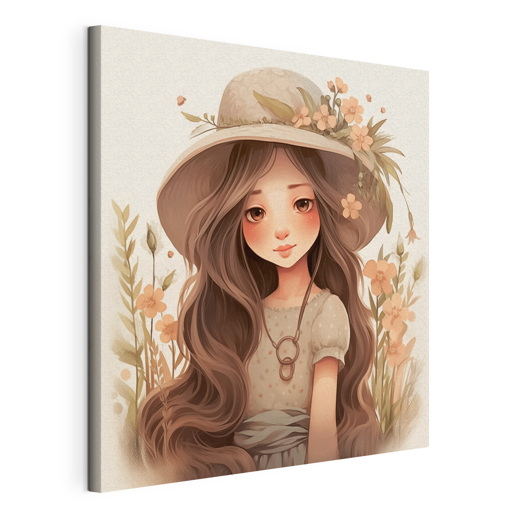 Cartoon girl with long hair wearing a hat and flowers Cartoon girl with long hair wearing a hat and flowers