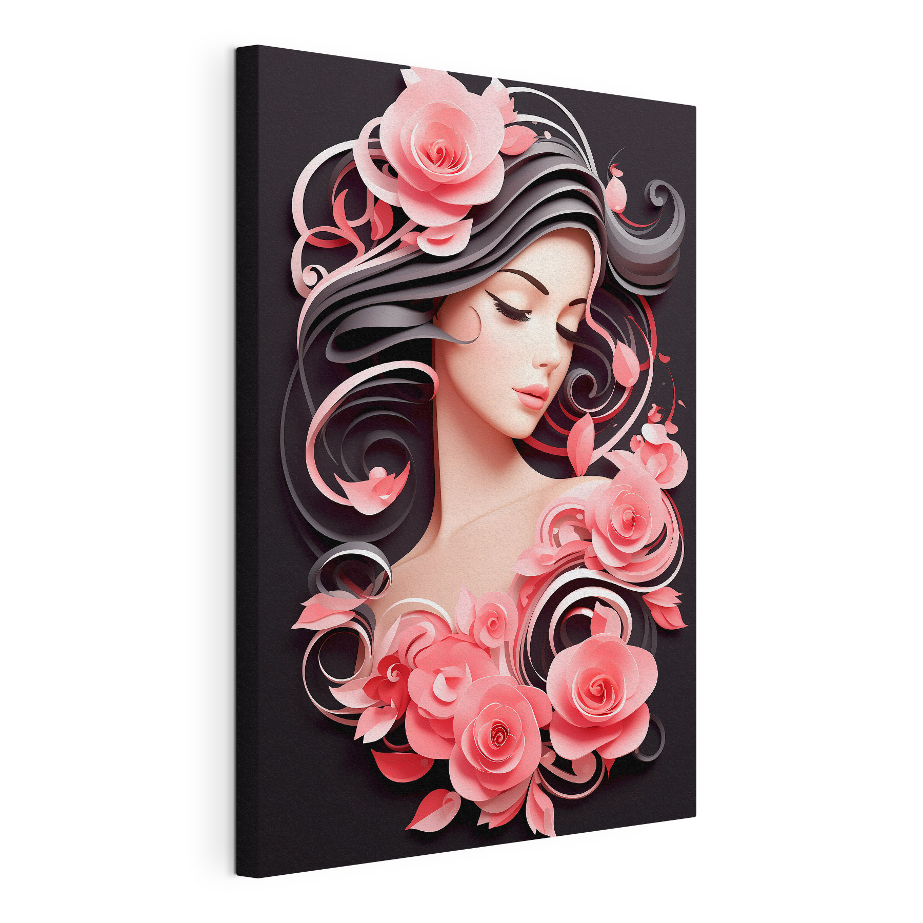 Woman with long hair and pink flowers Woman with long hair and pink flowers