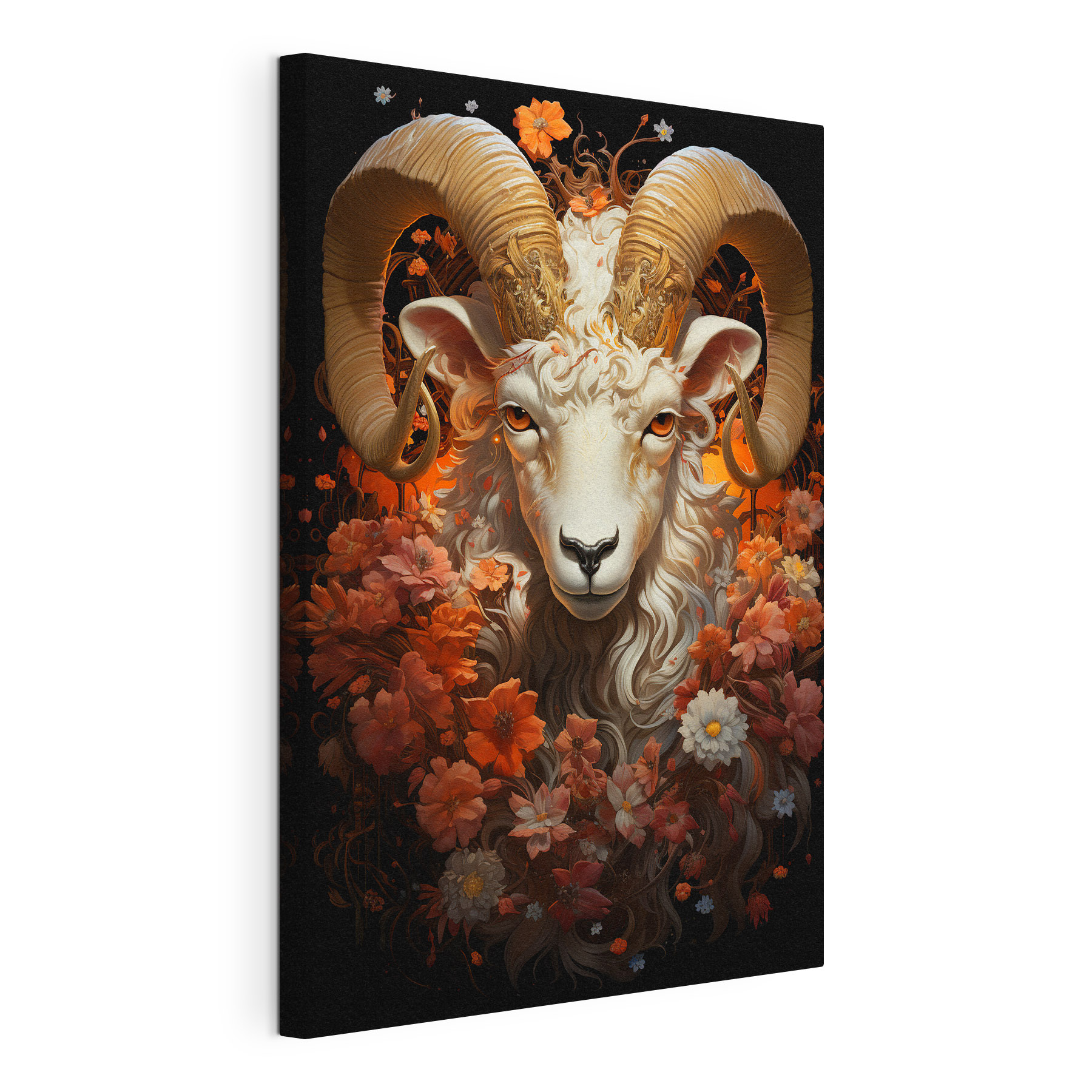 Painting of a ram with flowers