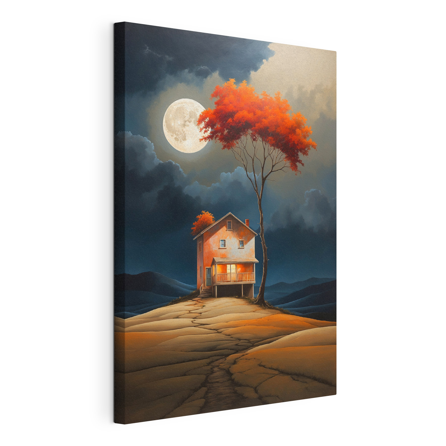 Painting of a house with a tree and a moon in the sky