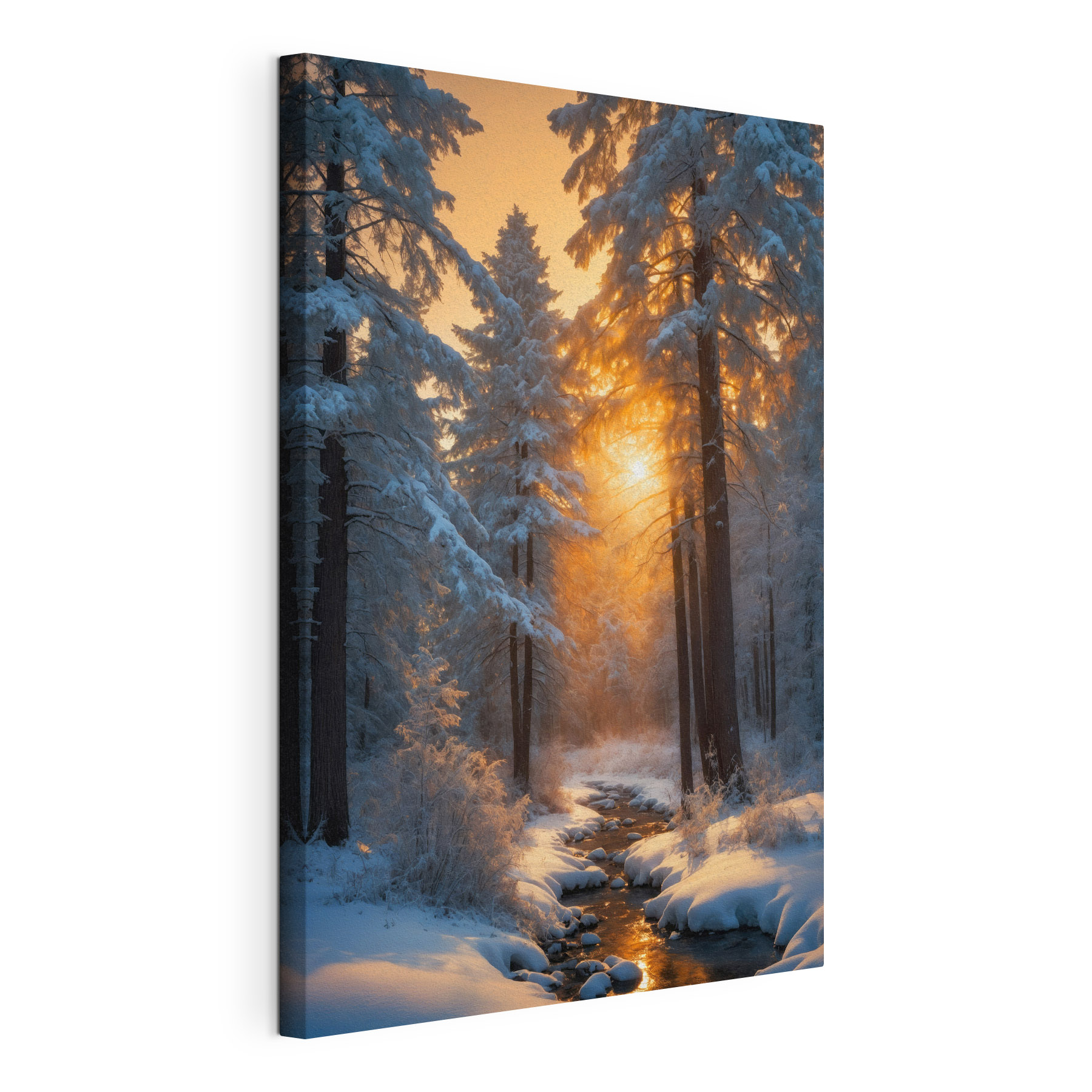 Snowy forest with trees and a stream Snowy forest with trees and a stream