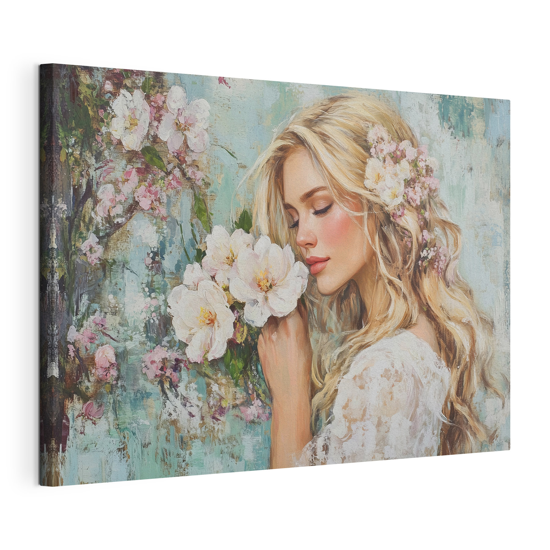 Painting of a woman smelling flowers Painting of a woman smelling flowers