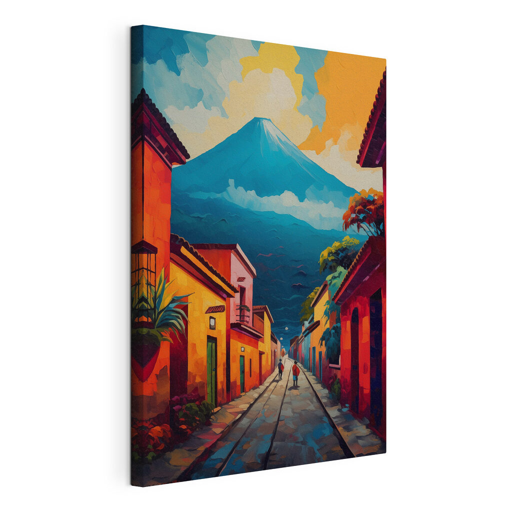 Painting of a street with buildings and a mountain in the background