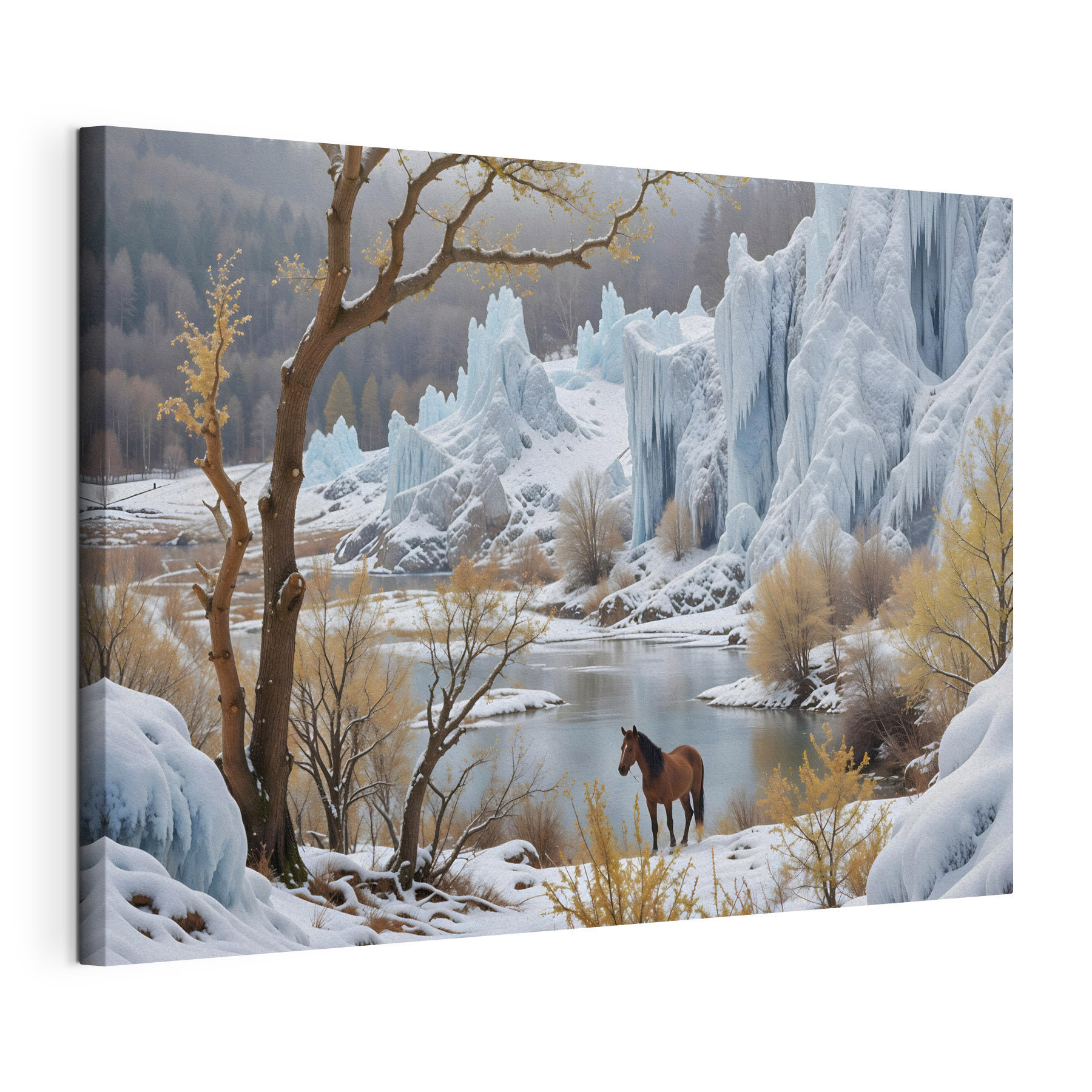 Horse standing in the snow next to a body of water Horse standing in the snow next to a body of water