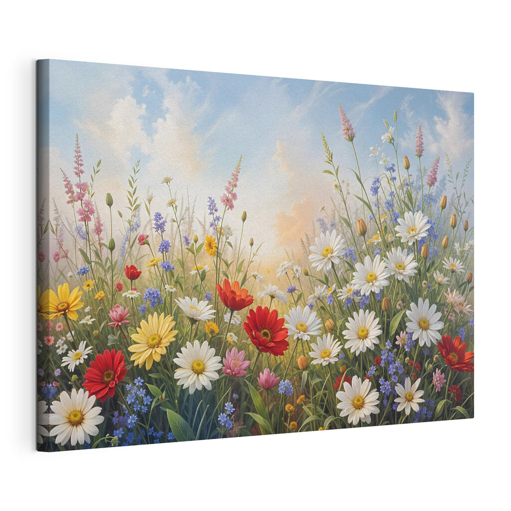 Field of flowers with blue sky and clouds
