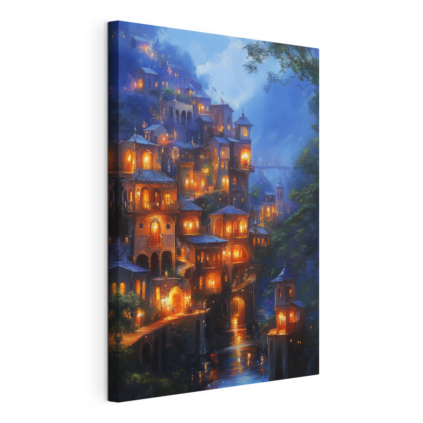 Lit up buildings on a hill