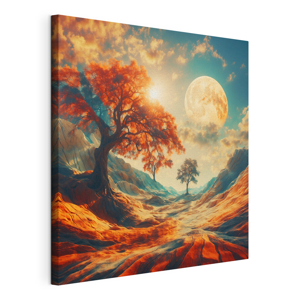 Landscape with trees and mountains and a moon Landscape with trees and mountains and a moon
