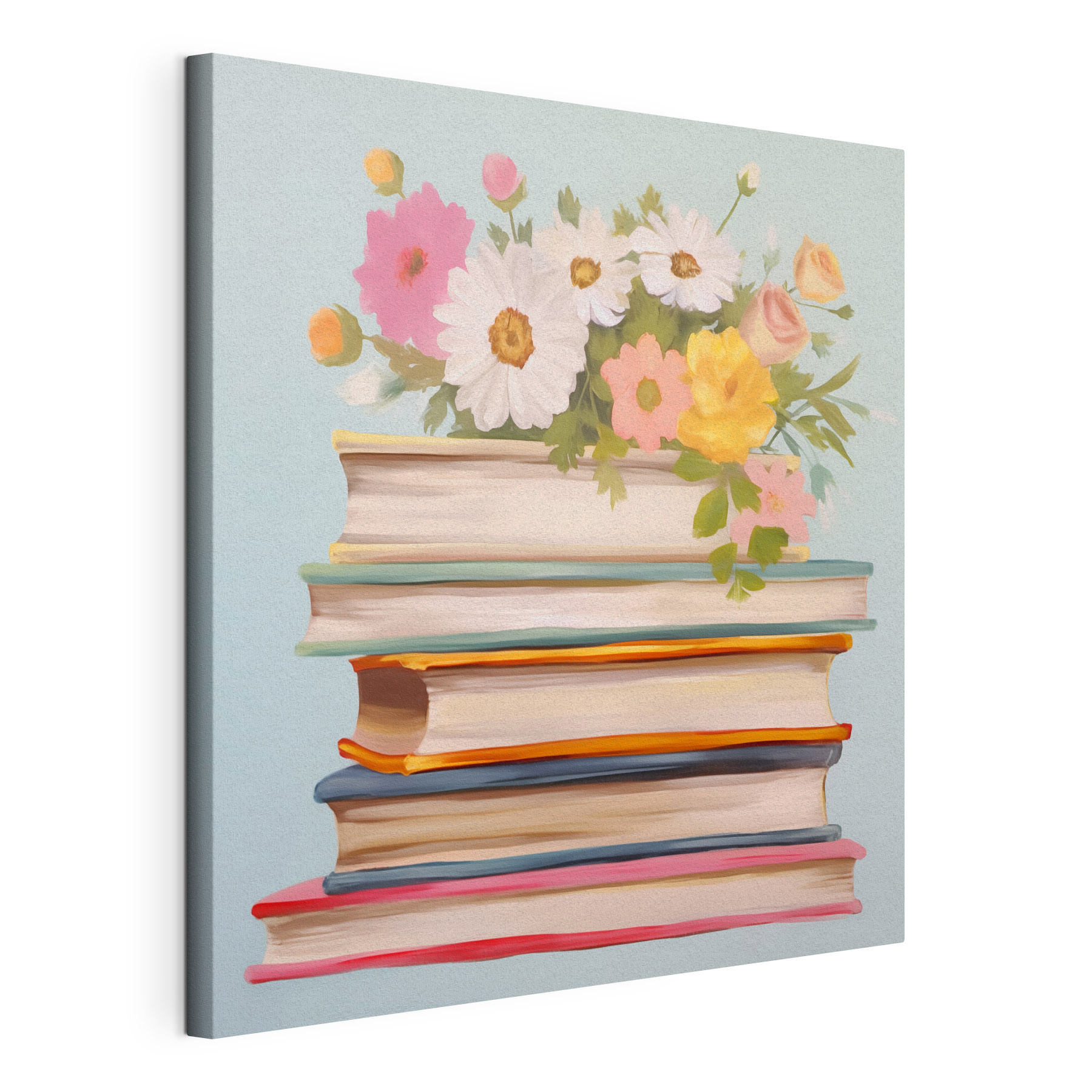 Painting of a stack of books with flowers on top Painting of a stack of books with flowers on top