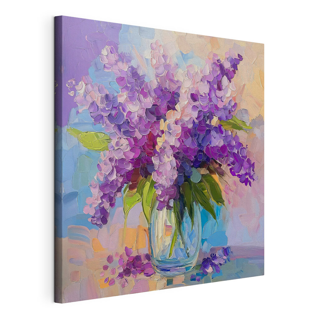 Painting of purple flowers in a glass vase Painting of purple flowers in a glass vase