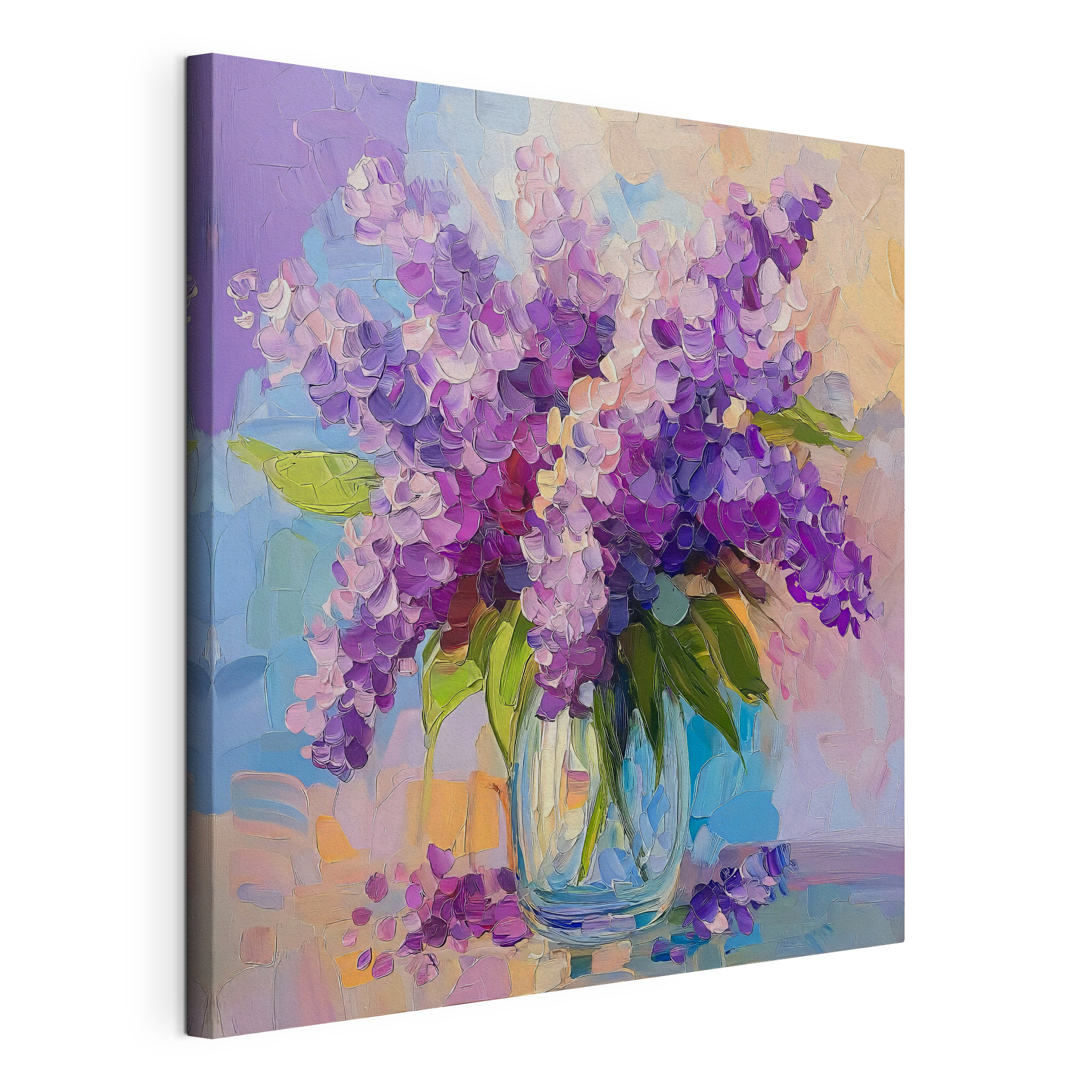 Painting of purple flowers in a glass vase Painting of purple flowers in a glass vase