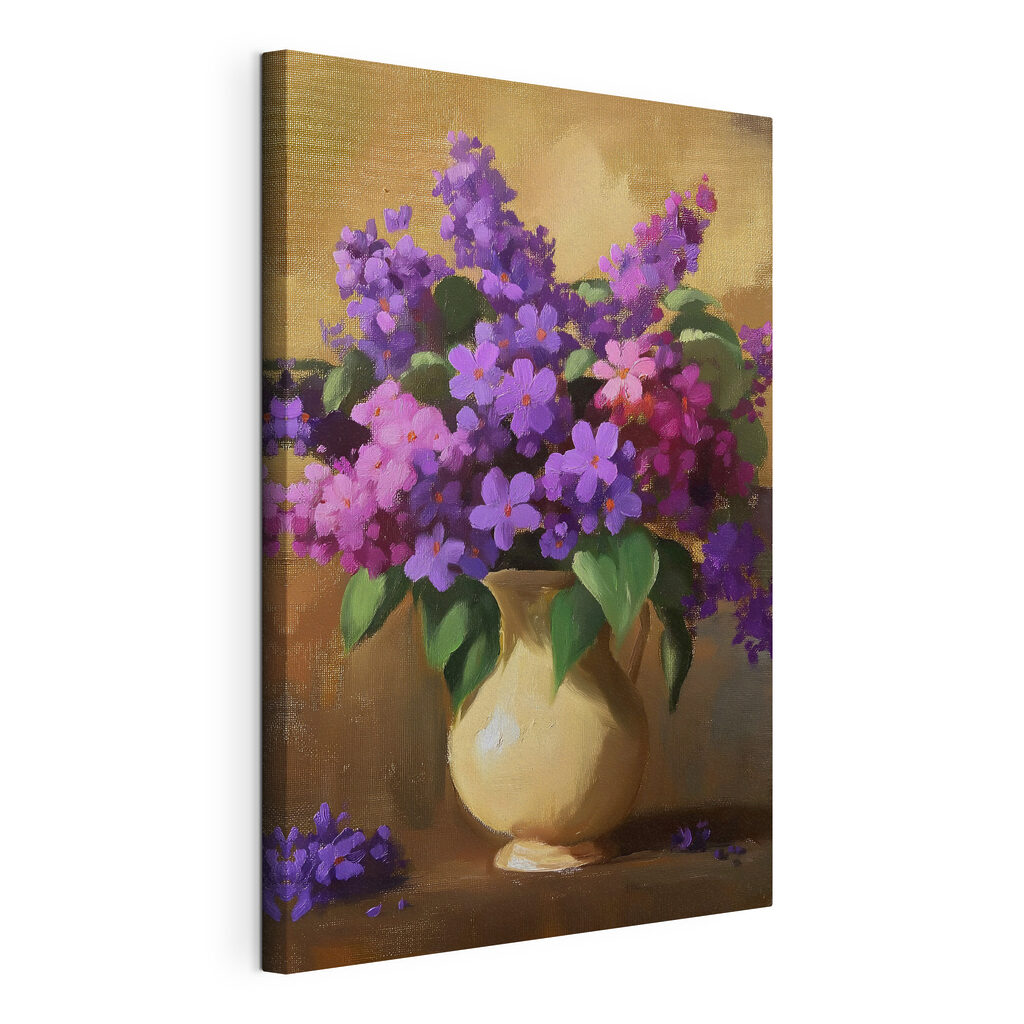 Painting of purple flowers in a vase Painting of purple flowers in a vase