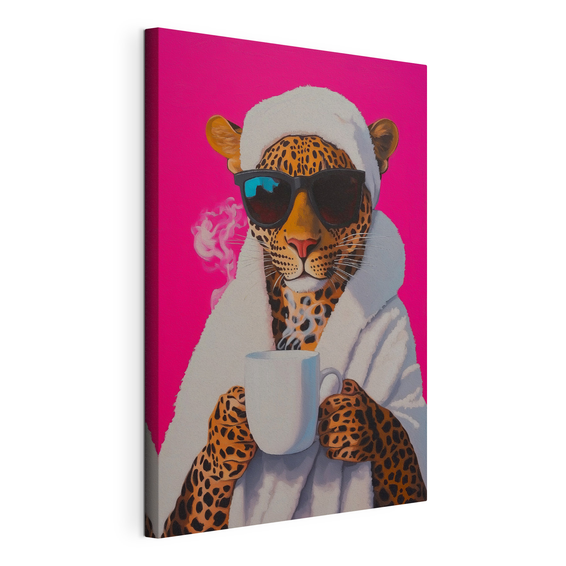 Painting of a leopard wearing a robe and sunglasses holding a cup