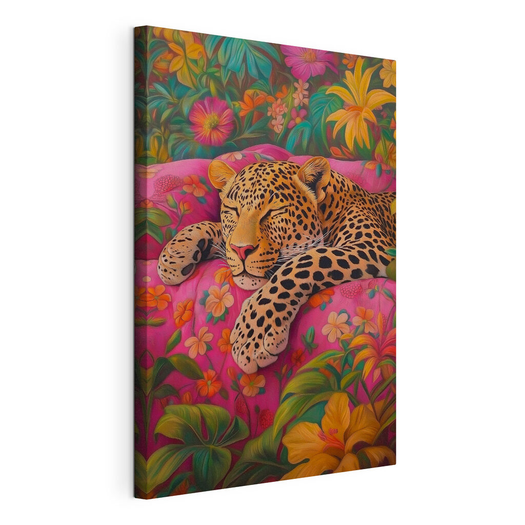 Leopard sleeping on a pink couch