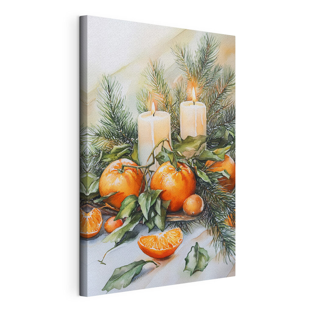 Watercolor painting of oranges and candles on a table
