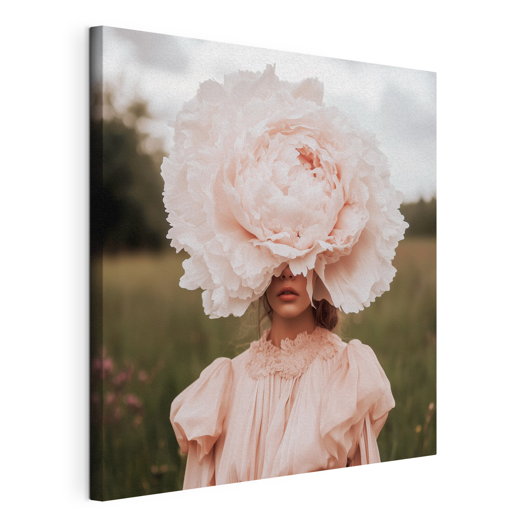 Woman in a dress with a large flower over her face Woman in a dress with a large flower over her face