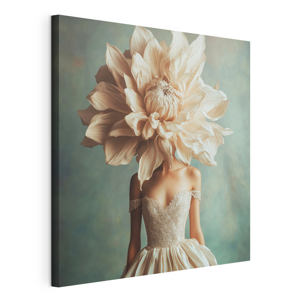 Woman wearing a dress with a large flower on her head Woman wearing a dress with a large flower on her head