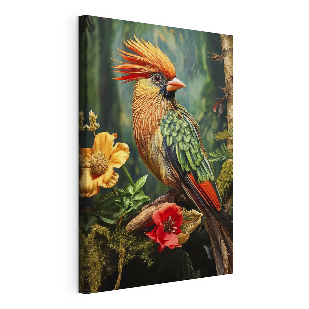 Colorful bird sitting on a branch with flowers Colorful bird sitting on a branch with flowers