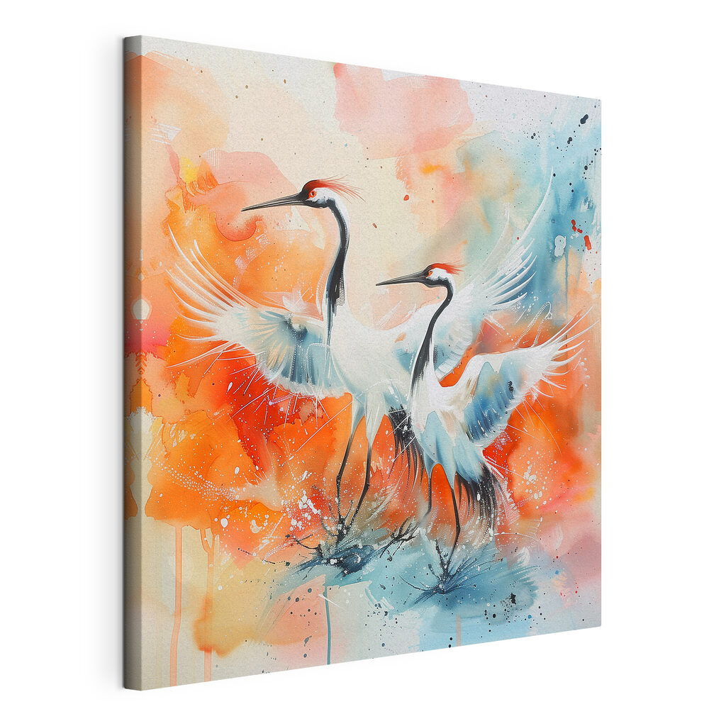 Painting of cranes with colorful background