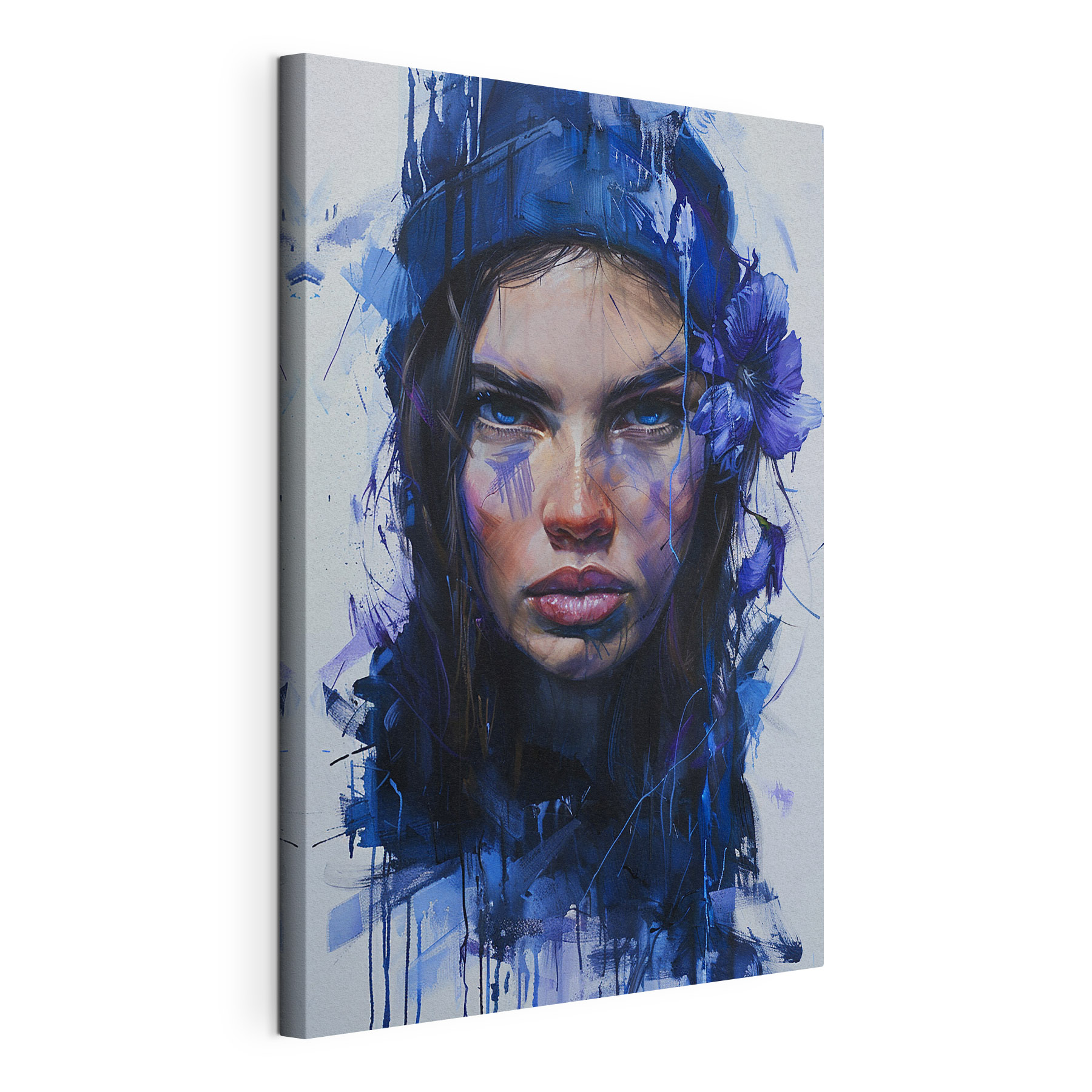 Painting of a woman with blue flowers in her hair Painting of a woman with blue flowers in her hair