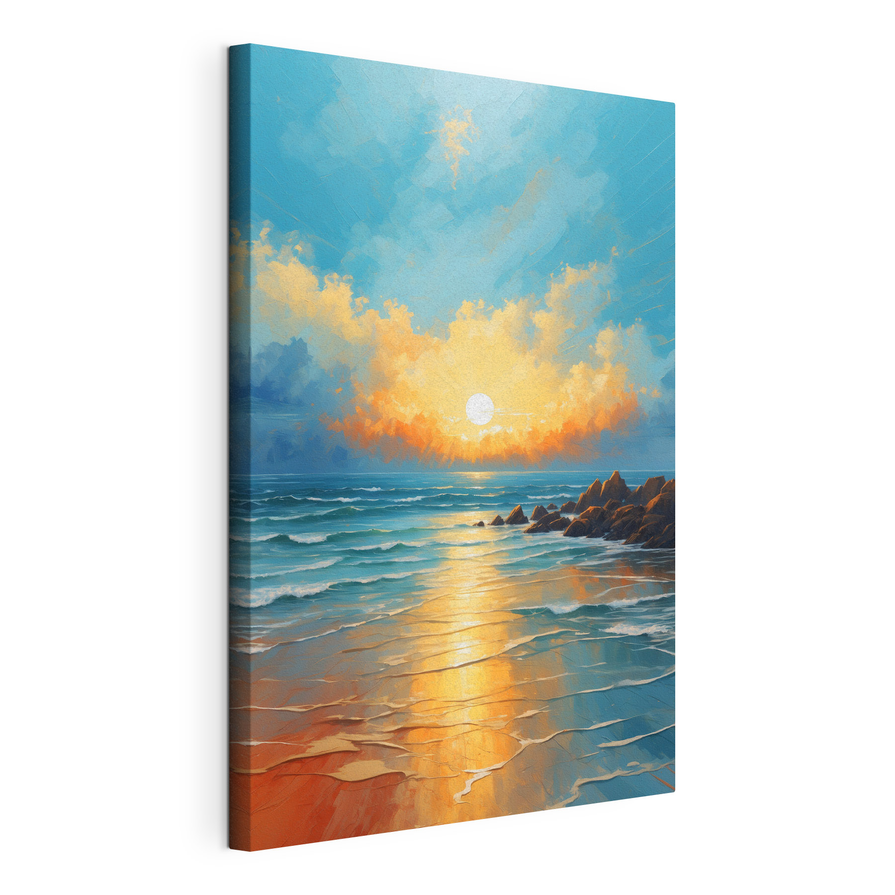 Painting of a beach with rocks and water and the sun Painting of a beach with rocks and water and the sun