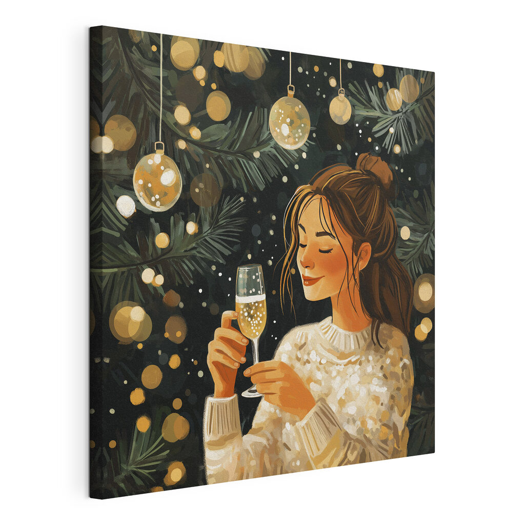 Woman holding a glass of champagne under a christmas tree