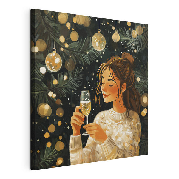 Una donna con un bicchiere di champagne in mano sotto un albero di Natale Quadri Una donna con un bicchiere di champagne in mano sotto un albero di Natale