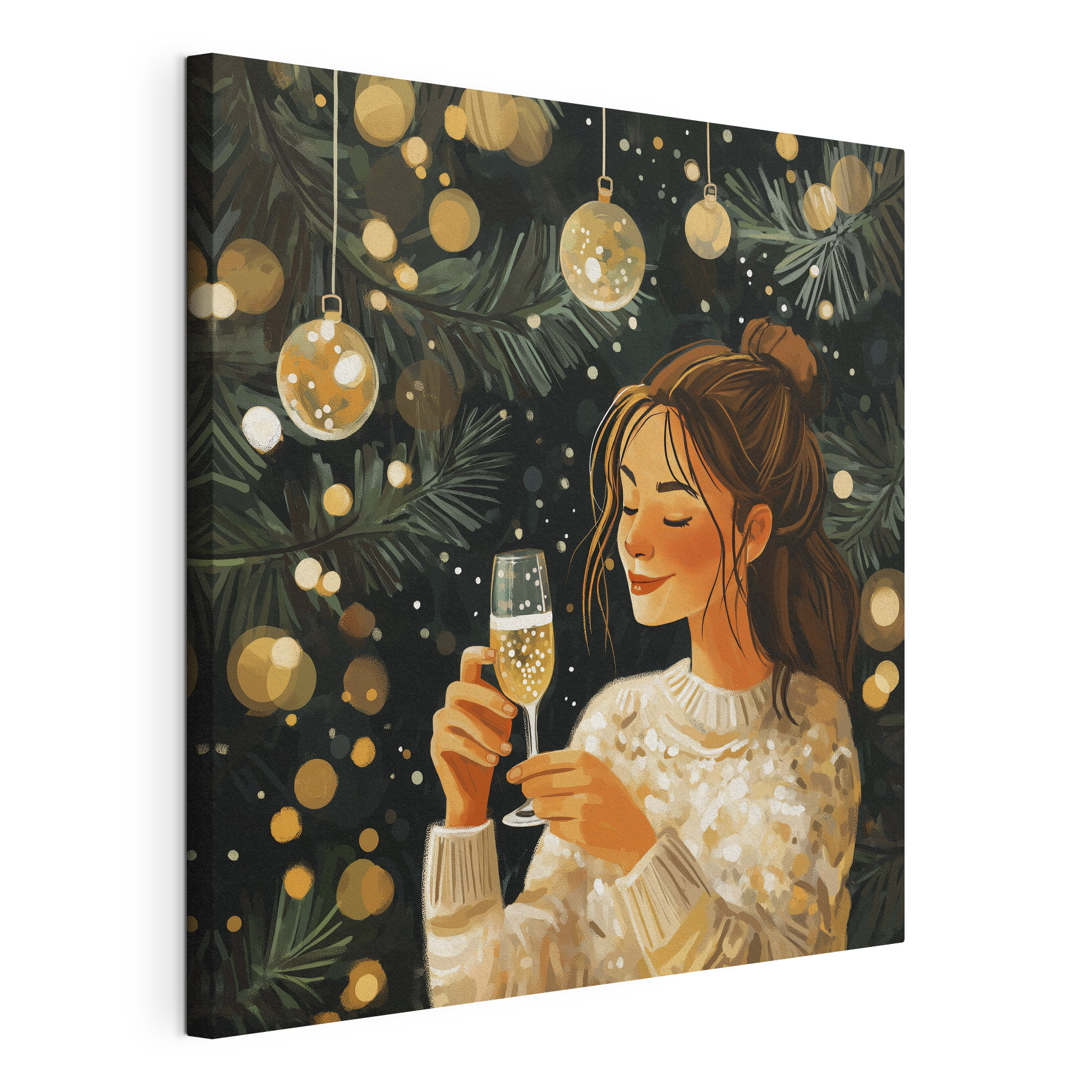 Woman holding a glass of champagne under a christmas tree