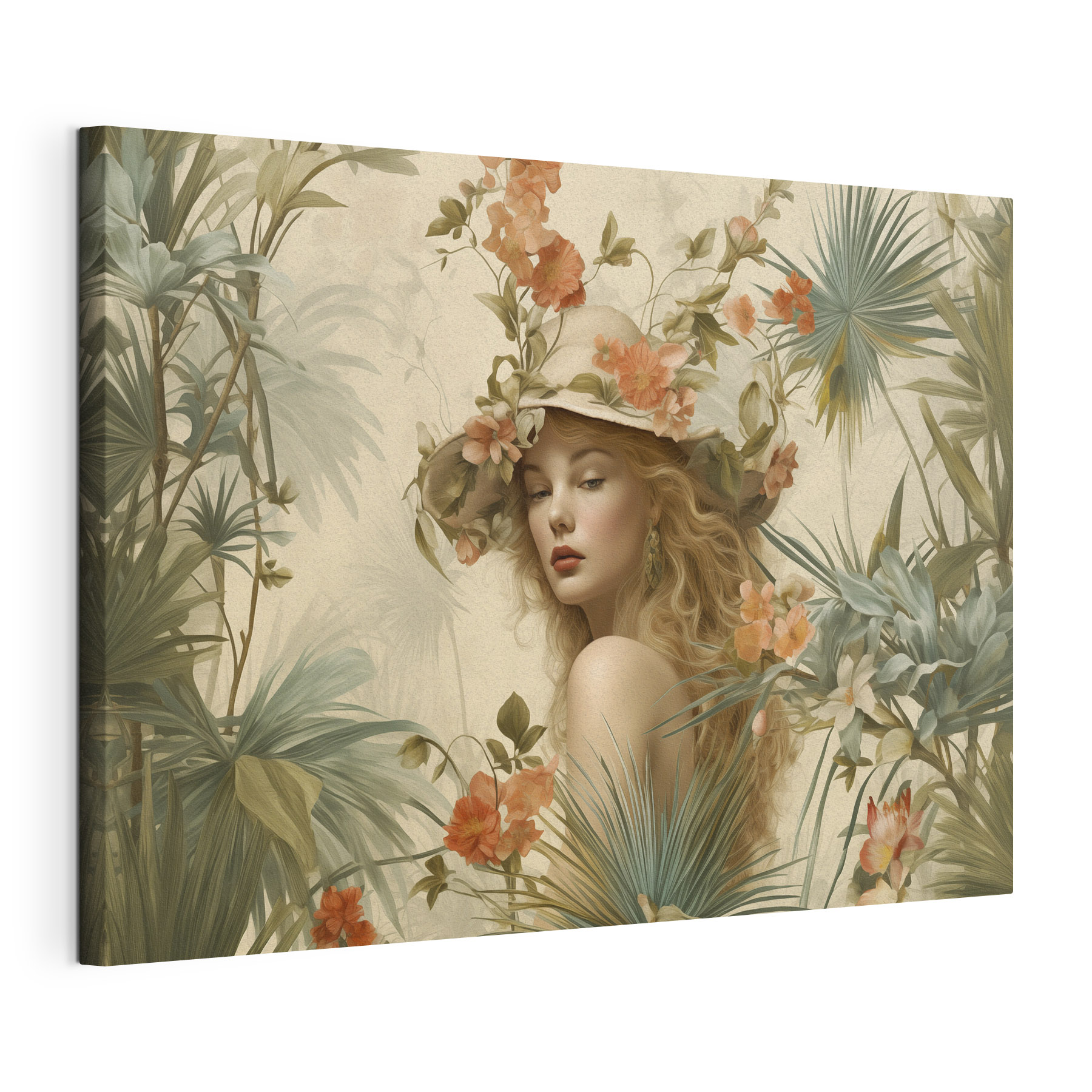 Woman in a hat surrounded by flowers Woman in a hat surrounded by flowers