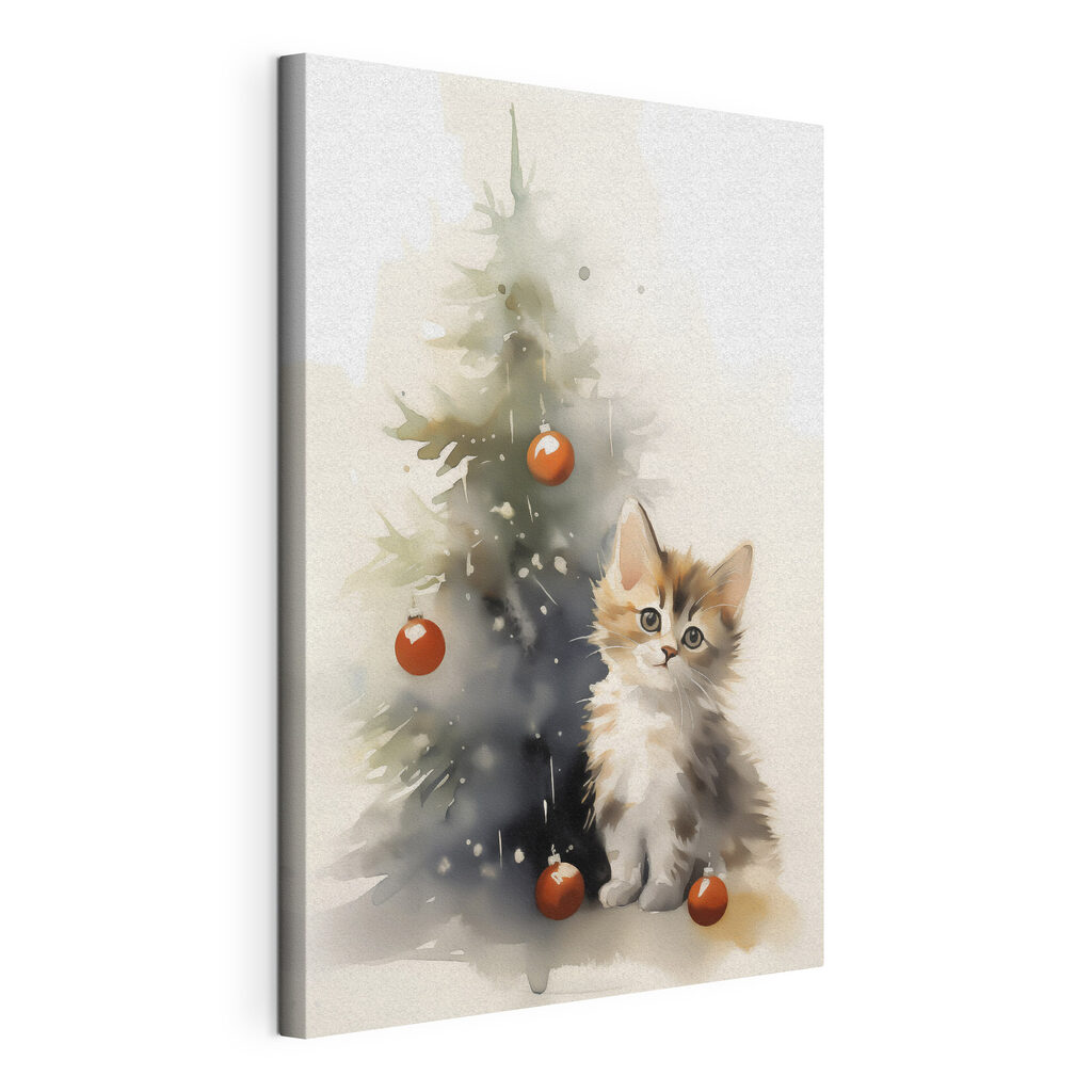 Cat next to a christmas tree