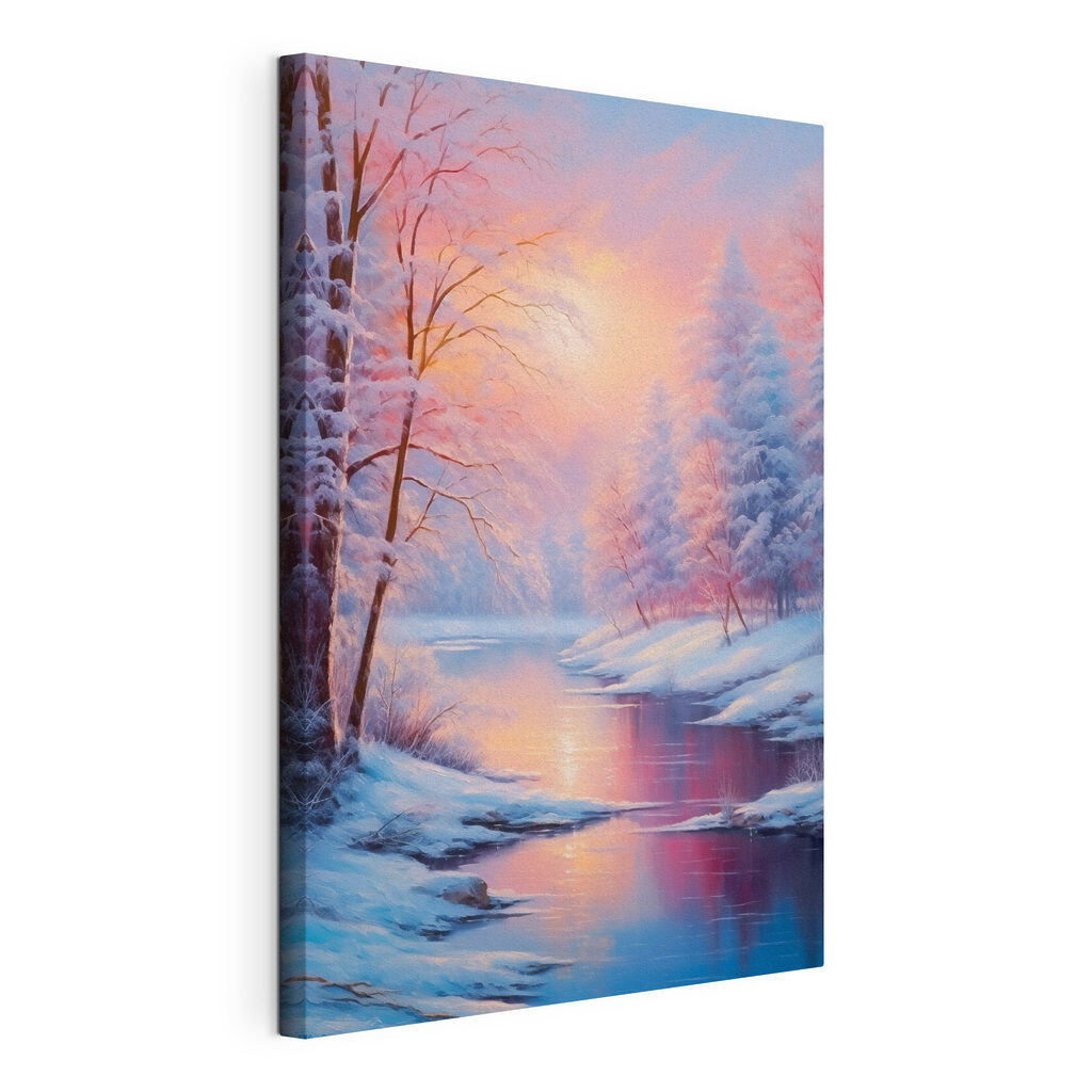 River with snow covered trees and a pink sunset River with snow covered trees and a pink sunset