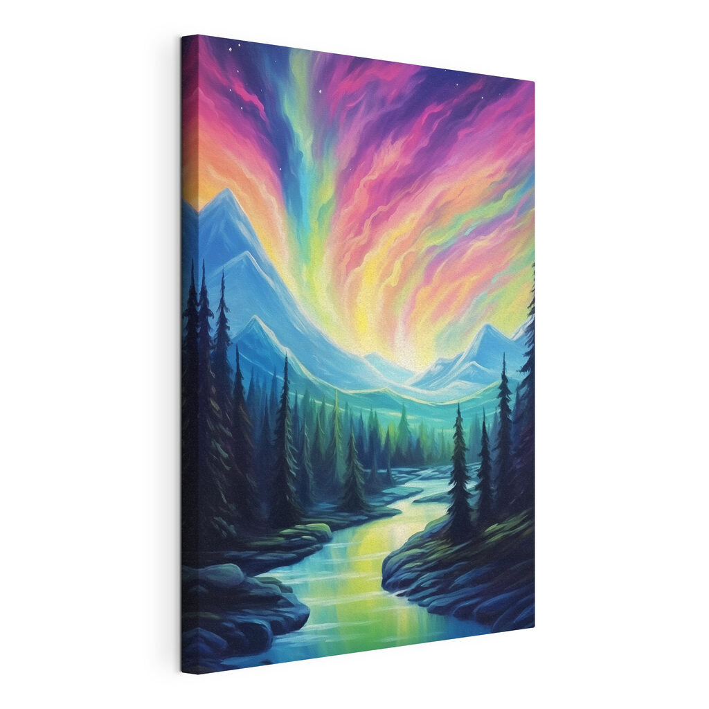 Painting of a river and mountains with trees Painting of a river and mountains with trees