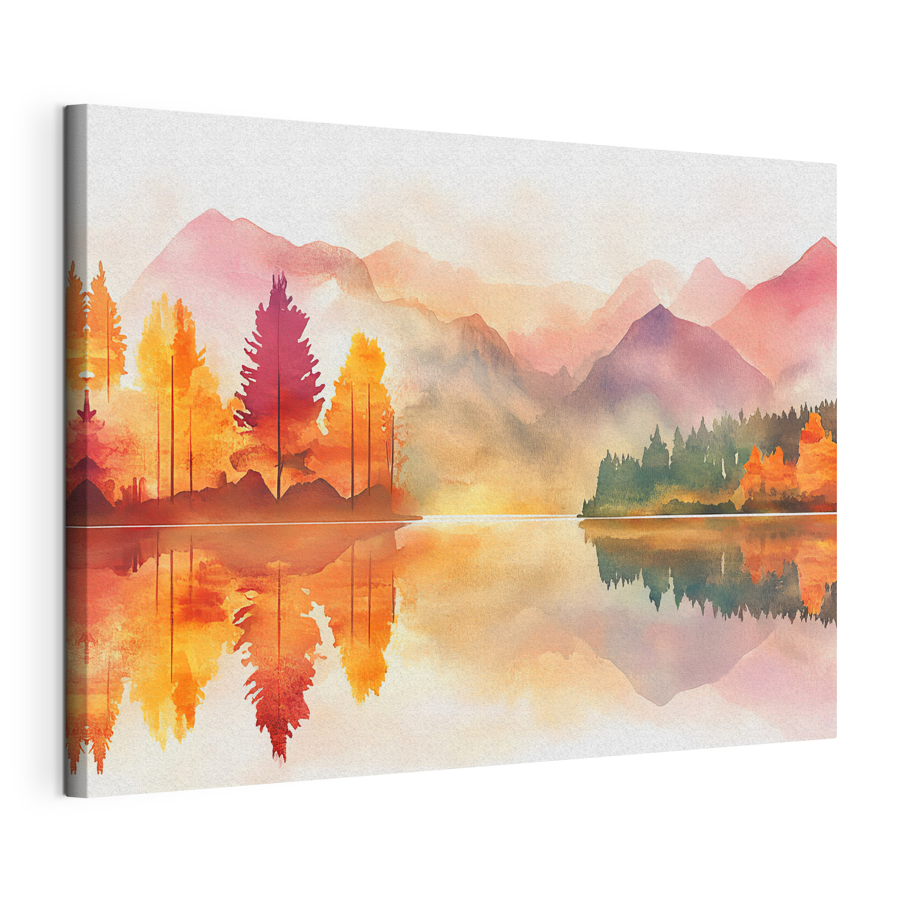 Watercolor painting of a lake with trees and mountains in the background Watercolor painting of a lake with trees and mountains in the background