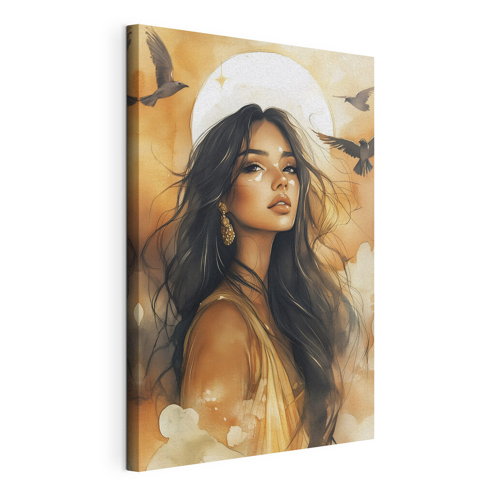 Woman with long hair and a bird flying in the sky Woman with long hair and a bird flying in the sky