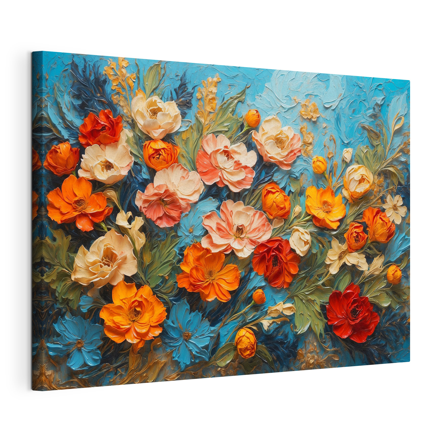 Painting of flowers on a blue surface Painting of flowers on a blue surface