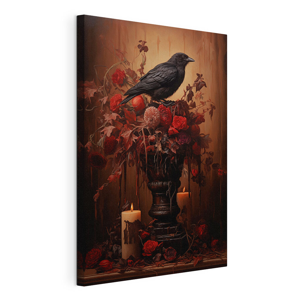 Black bird sitting on a vase of flowers and candles Black bird sitting on a vase of flowers and candles