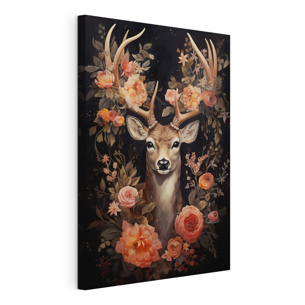 Painting of a deer surrounded by flowers