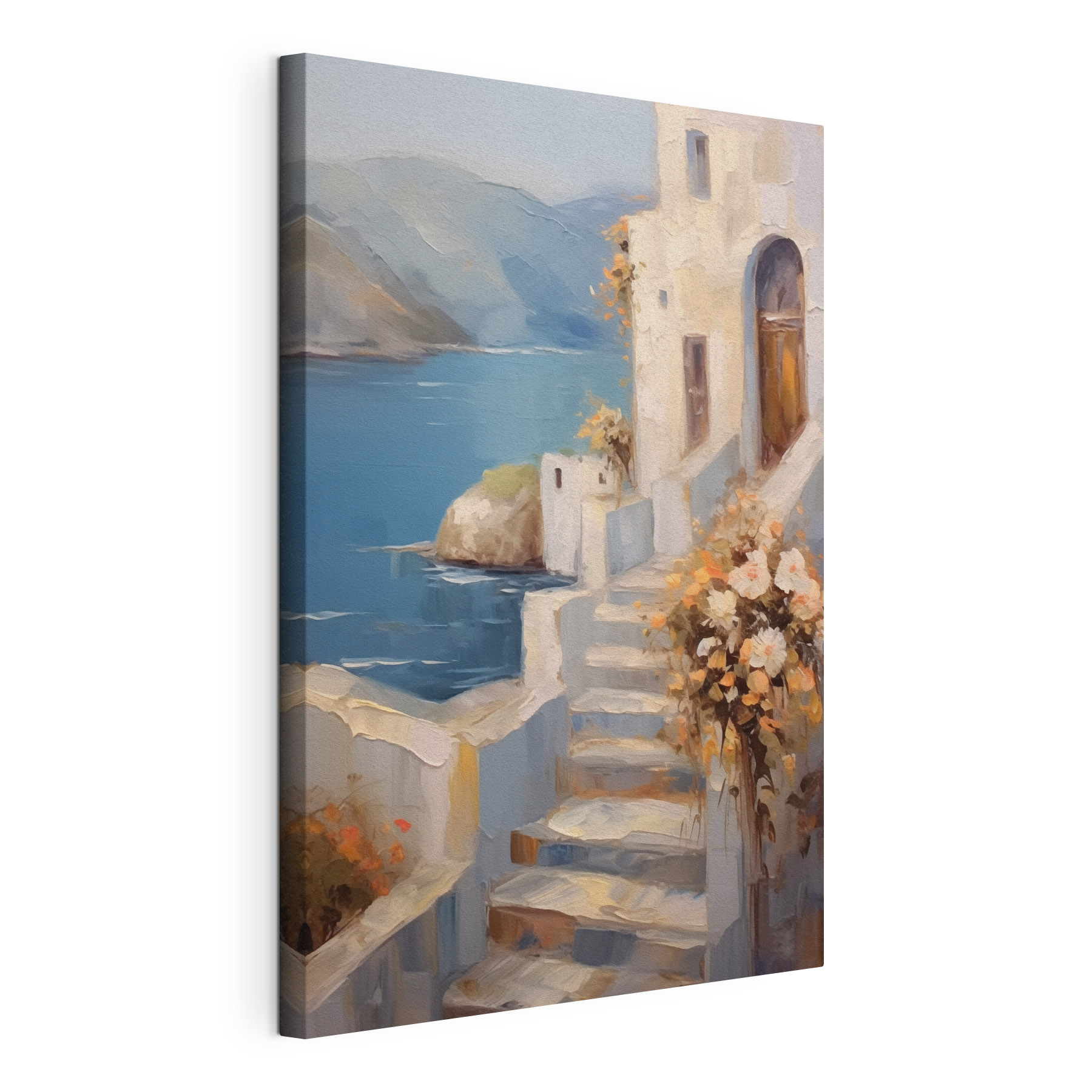 Painting of a house with flowers on the stairs Painting of a house with flowers on the stairs